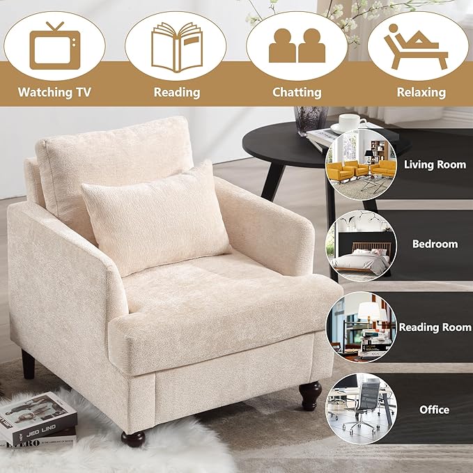 Mid Century Modern Accent Armchair for Living Room Chenille Fabric Single Sofa Chairs with Pillow Upholstered Cozy Side Reading Lounge Chair for Bedroom Club Office Apartment Beige