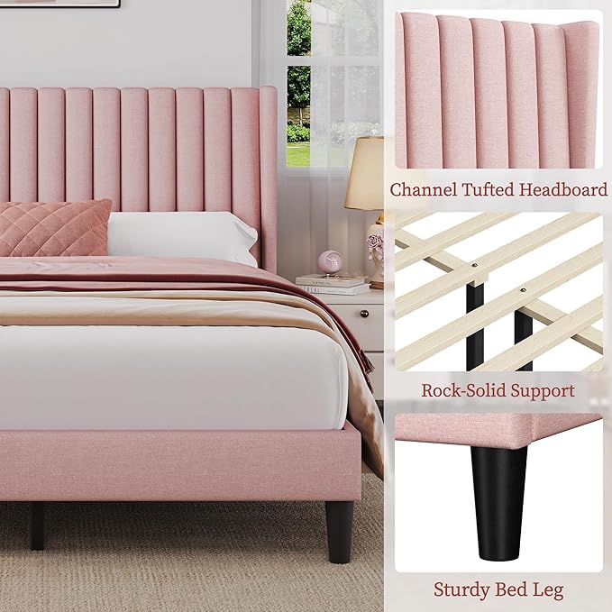 Yaheetech Queen Bed Frame Upholstered Platform Bed with Fabric Headboard Wing Edge Design/Non-Slip and Noise-Free/Wooden Slats Support/No Box Spring Needed/Easy Assembly Pink Queen Bed