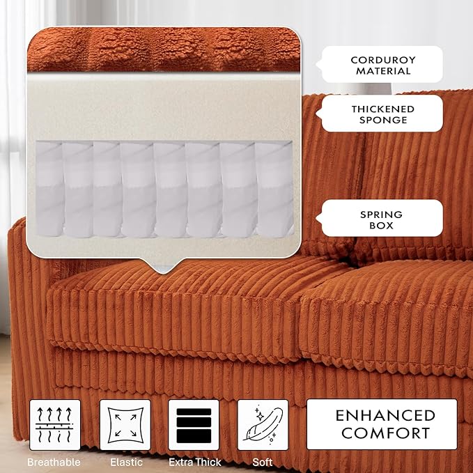 89 Inches Corduroy Sectional Sofa with High Density Sponge Modern 5 Seats Corner Couch with Deep Seat Comfy Modular L Shaped Couch with Comfortable Back Cushions for Living Room Orange