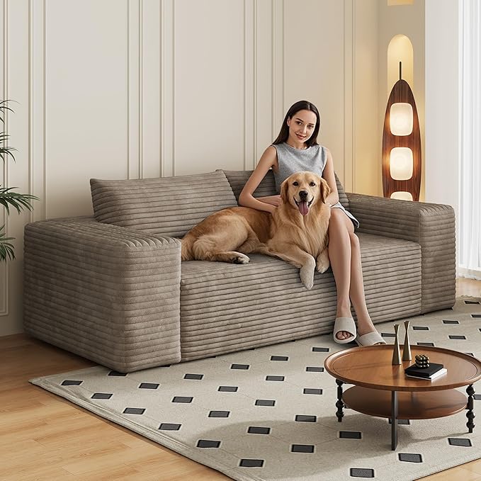 78.8 W Corduroy Boneless Couch 3-Seater Compression Sofa with Deep Seat No Assembly Required Comfy Loveseat Sofa with 2 Pillows Sofa Couches for Living Room/Apartment (Camel 78.8 inch) | Breatha