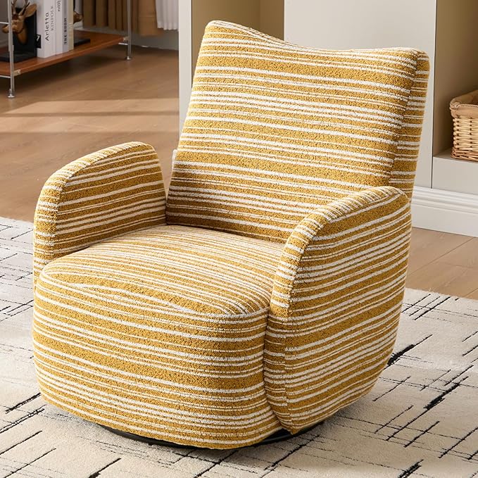 360° Swivel Accent Chair with Armrest Modern Striped Upholstered Lounge Chair Stable Round Base &amp Sturdy Metal Frame Armchair for Bedroom Living Room Office &amp Vanity (Mustard Yellow)
