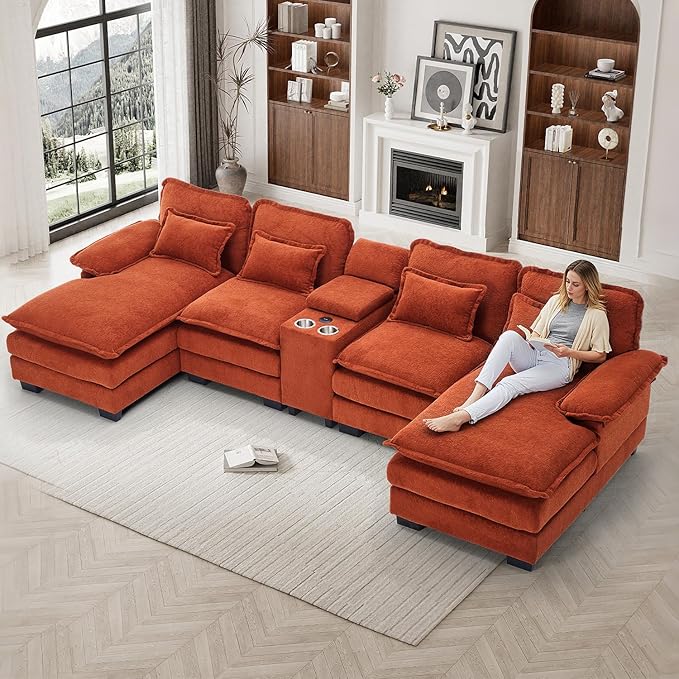 133 Oversized U Shaped Cloud Couch Modular Sectional Couches for Living Room Comfy Chenille Deep Seat Sofa Set with Double Chaise Lounge Storage Central Console Cup Holders USB Port Orange