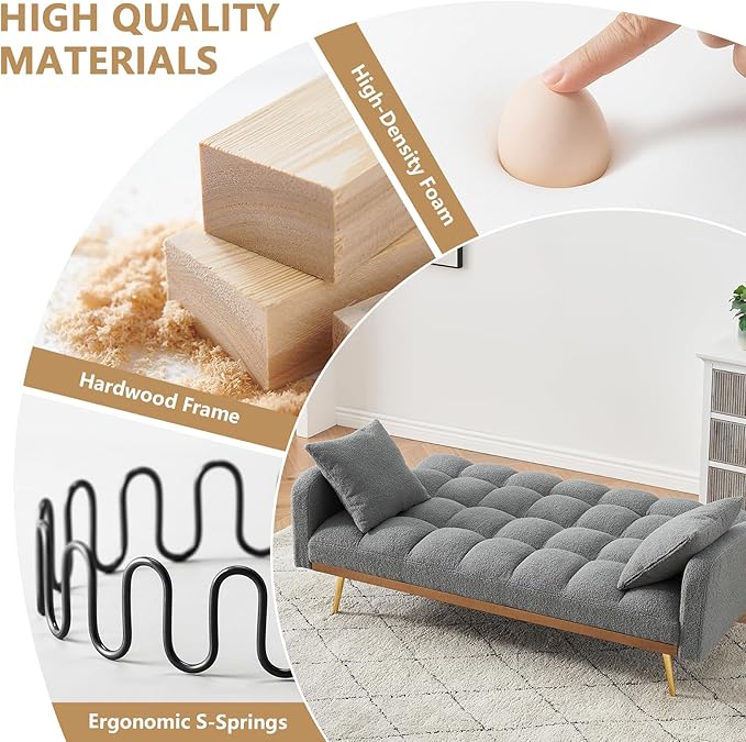 Teddy Futon Sofa Bed69 Modern Small Love Seat Couch for Small SpacesConvertible Tufted Sleeper Sofa Loveseat Couch Bed with Gold Metal Legs for Living RoomBedroomApartment (Teddy Grey)