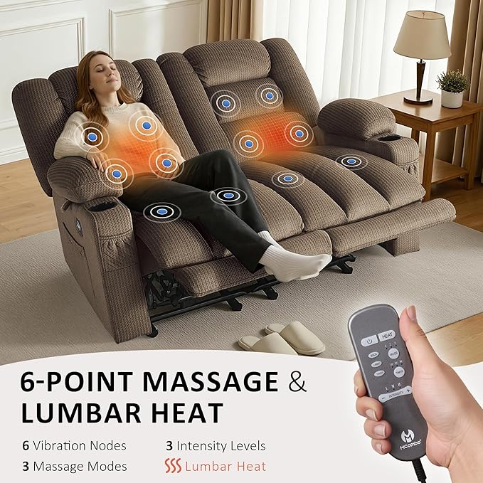 MCombo 55.9 Zero Gravity Power Loveseat Recliner with Heat and Vibration Massage Reclining Loveseat Sofa with USB Ports Cup Holders for Living Room Fabric PR648SET (Dark Brown)