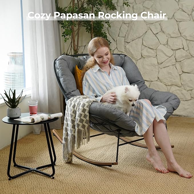 Grand patio Rocking Chair Indoor with Thick Cushion Oversized Metal Papasan Rocking Chair for Living Room