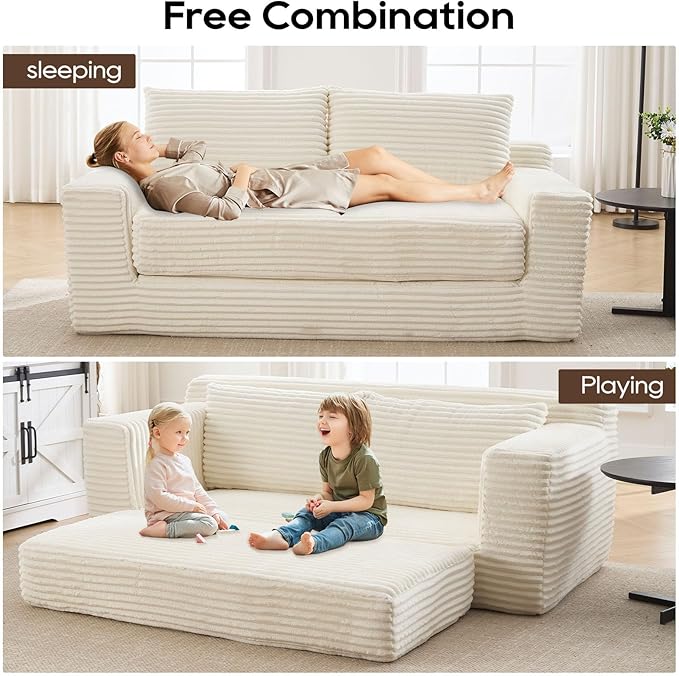Anwick 2 in 1 Convertible Sleeper Sofa Bed 72 Corduroy Loveseat Sofa w/ 2 Pillows Oversized Chaise Lounge Chair Indoor Pull Out Couch Bed for Small Spaces/Living Room/Bedroom No Assembly (Beige)