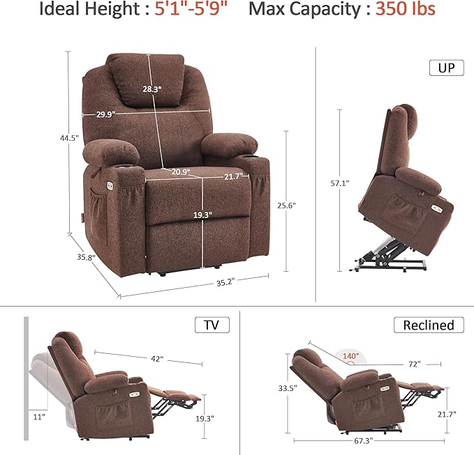 MCombo Power Lift Recliner Chair for Elderly Lift Chair with Heat and Massage FSC Certified USB&ampType C Ports Cup Holders Fabric 7040 (MediumCoffee)