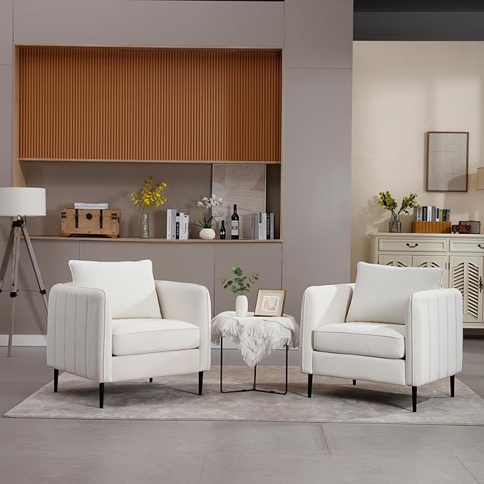 KEIKI Accent Chair for Living Room Velvet Single Sofa Chair with 1 Pillow Comfy Cloud Chair for Bedroom Office and Reading Metal Legs Soft Modern Design Ivory
