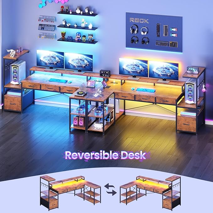 SEDETA 59Inch L Shaped Gaming Desk with PC Display Stand Reversible Computer Desk with Storage Shelves 4 Drawer &amp LED Lights Modern Gamer Desk Table with Power Outlet Monitor Stand Rustic Bro
