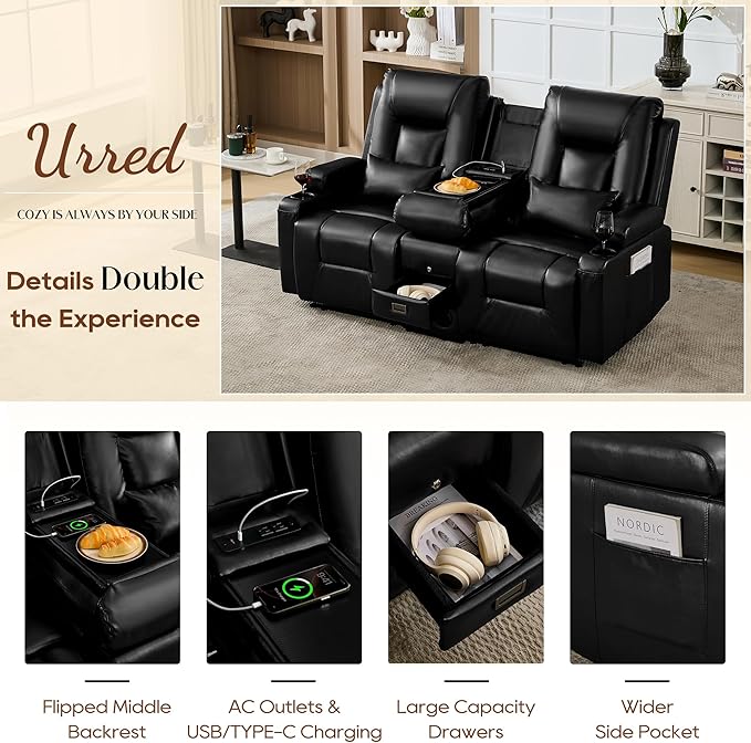 URRED Manual Reclining Loveseat Sofa with Console Double Recliner RV Couch with Bluetooth Speakers USB &amp Power Outlet Cup Holders Pillow and Side Pocket for Home Theater Faux Leather Black
