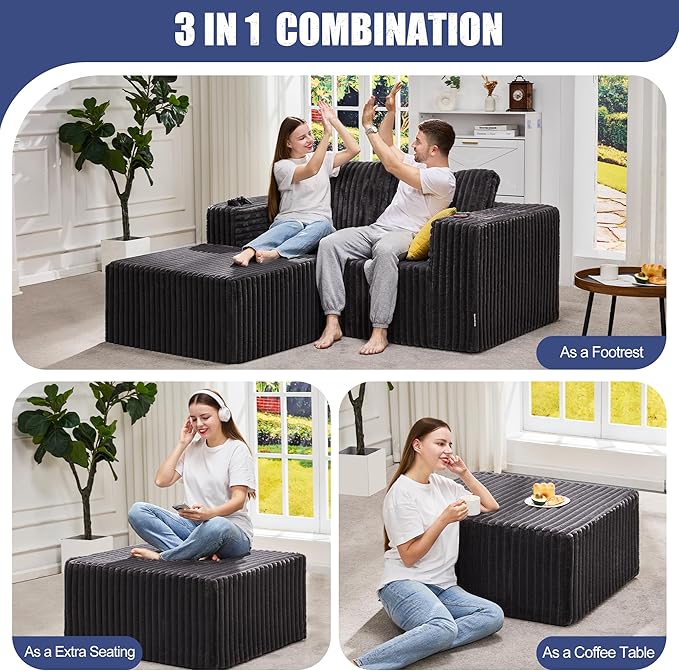 Hobestluk Rectangle Ottoman Memory Foam Footrest for Couch with Removable Cover Large Floor Seating for Adults Ottoman Coffee Table for Living Room Bedroom or Office (Strip Grey Footrest)