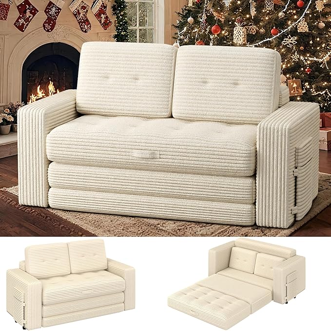 3 Fold Convertible Sofa Bed Pull Out Loveseat Couch Sleeper Sofa Folding Sofabed with Pillows for Living Room Bedroom Beige