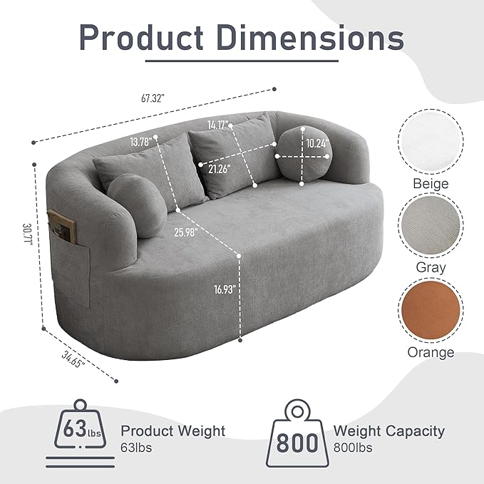 Loveseat Sofa 67.3 Boneless Curved Sofa Filling with Foam and Spring Chenille Small Love Seat for Small Spaces 4 Pillows and Side Pocket Living Room Apartment Bedroom No Assembly