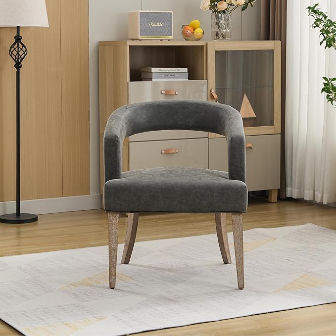 Modern Accent Chair Upholstered PU Leather Barrel Armchairs with Rubberwood Legs Comfy Lounge Arm Chair Hollow-Out Side Club Chair for Living Room Bedroom Office (Grey)