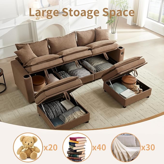 92 U-Shaped Sectional Couch for Living Room Cloud Modular Sofa with Large Storage Ottoman 5-Seat Fluffy Chenille Couch for Bedroom Brown