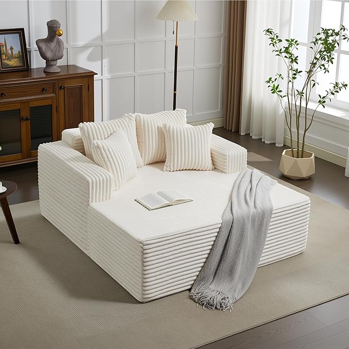 Oversized Chaise Lounge Chair Indoor 61 D x 54 W 2‑Person Comfy Cloud Boneless Couch Corduroy Foam No Assembly Required Sofa Bed with 4 Pillows &amp Armrests for Living Room &amp Bedroom