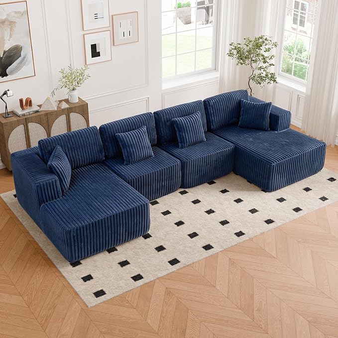 132 U Shaped Couch Oversized Modular Sectional Sofa with Chaise Corduroy U Shaped Couch with Deep Seat Boneless Couches for Living Room No Assembly Required Blue