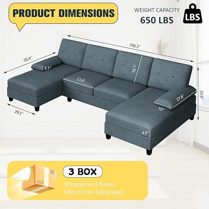 JY QAQA Sectional Couche with Soft Cushion U-Shaped Sofa with Double Chaise 4-Seat Linen Fabric Sofa Sets for Living Room Apartment Grey