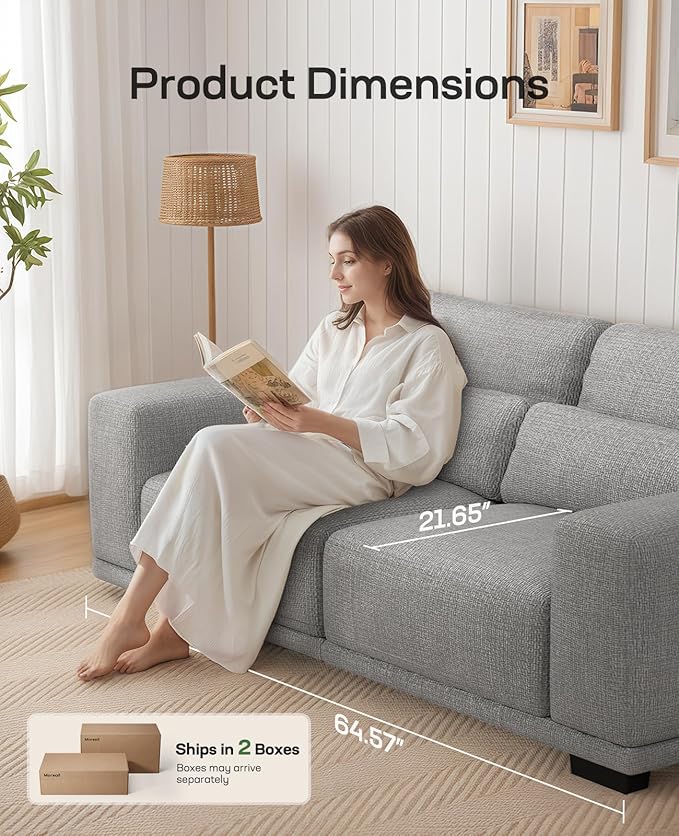 Marsail 2-Seater Modern Sofa 65 Loveseat Couch with Wide Armrests &amp Deep Cushions Linen Sofas with Removable Washable Covers for Living Room Grey