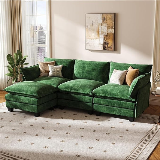 KKL 91.3 Modular Sectional Sofa L-Shaped 4 Seater Cloud Couch with Ottoman Chenille Modern Sectional Couches for Living Room Apartment Green