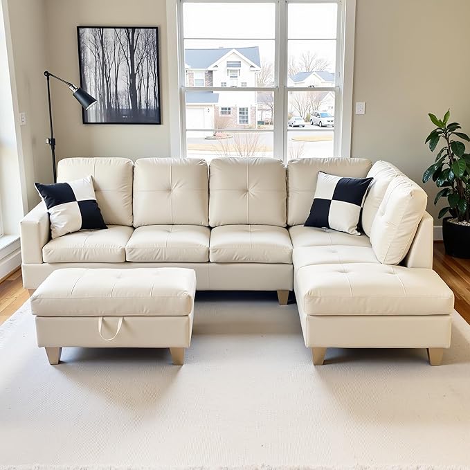L Shaped Couch Faux Leather Sectional Couch Upholstered 3 Pieces Sofas for Living Room with Chaise Ottoman with Storage for Office and Small Apartment White