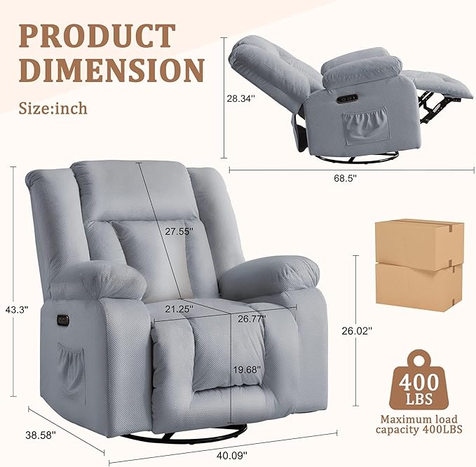 Rocker Recliner Chairs for Adults Swivel Rocking Chair with Heat and Massage Modern Electric Recliner with Extra Wide Waffle Fabric Massage Chair Recliner for Living Room Bedroom