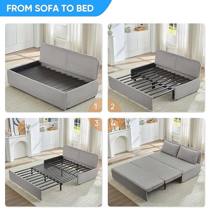 PUREMIND 3-in-1 Queen Size Pull Out Sofa Bed Convertible Corduroy Couch with Pillows and 3.9 Memory Foam Mattress Loveseat Sofa-Bed for Living Room Apartment (Light Grey)