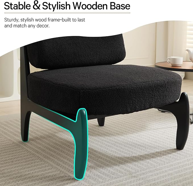 Qulomvs Modern Accent Chair Mid Century Accent Chair with Wooden Frame Upholstered Comfy Reading Chair Armless Side Sofa Chair for Living Room Bedroom (Black Teddy Fabric)