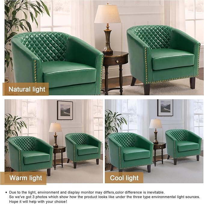 Pia Ricco Faux Leather Barrel Chairs Set of 2 Modern Comfy Accent Chairs Upholstered Armchair Club Chairs with Nailhead Trim Single Sofa Barrel Chair for Living Room Reading Room Green