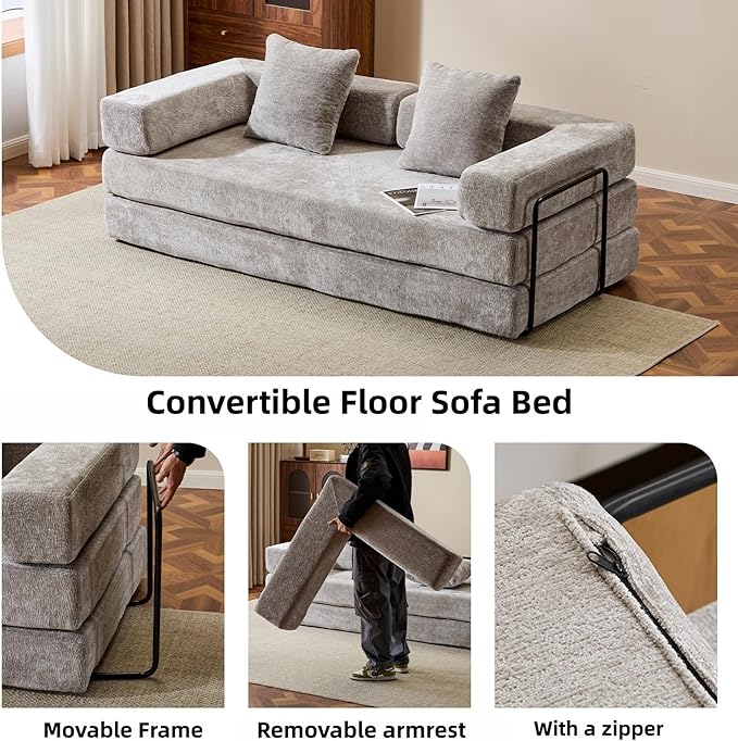 Convertible Floor Sofa Bed Fold Out Floor Couch with Pillow Back &amp Armrest Compressed Couch with Fixed-Shape Frame Chenille Foldable Sleeper Sofa Bed for Living Room Bedroom Light Grey