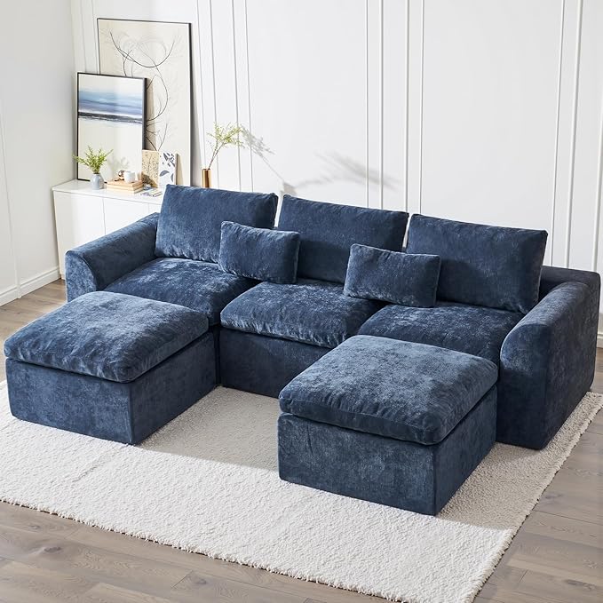 Modern Sectional Cloud Couch - 120'' Soft Modular Sectional Sofa – No Assembly Required - Deep Seat Couches with 2 Movable Ottomans - Oversized Chenille Sofa for Living Room - Blue