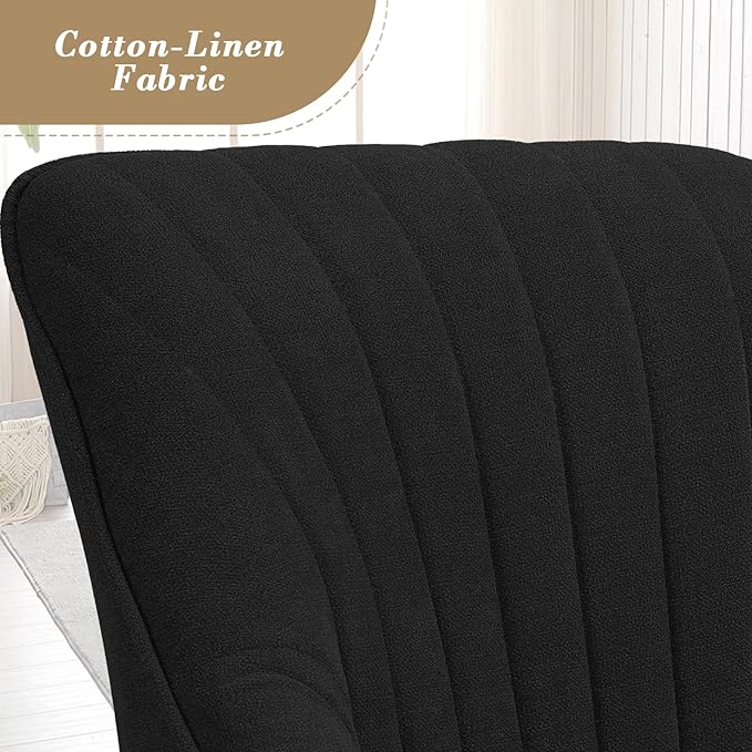 Athena Collection Swivel Modern Accent Chair Linen Upholstered Armchair Office Desk Chair No Wheels with Wooden Legs Comfy Vanity Chair Reading Chair for Bedroom Living Room Black