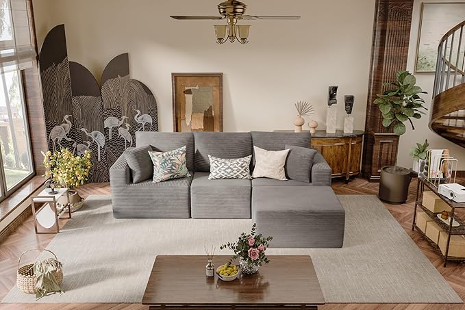 JUMMICO Boneless Couch with Deep Seat and Ottoman Modular Sectional Sofa with Body Support Corduroy Couches for Living Room Apartments Bedroom No Assembly Required (Gray L-Shaped)