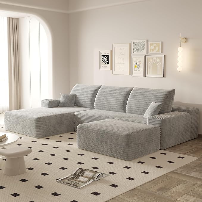 107 Cloud Modular Sectional Sofa with Movable Ottoman Comfy Boneless Sectional Couches for Living Room Fluffy Corduroy U Shape Floor Lounge Sofa Couch with Left Chaise Daybed