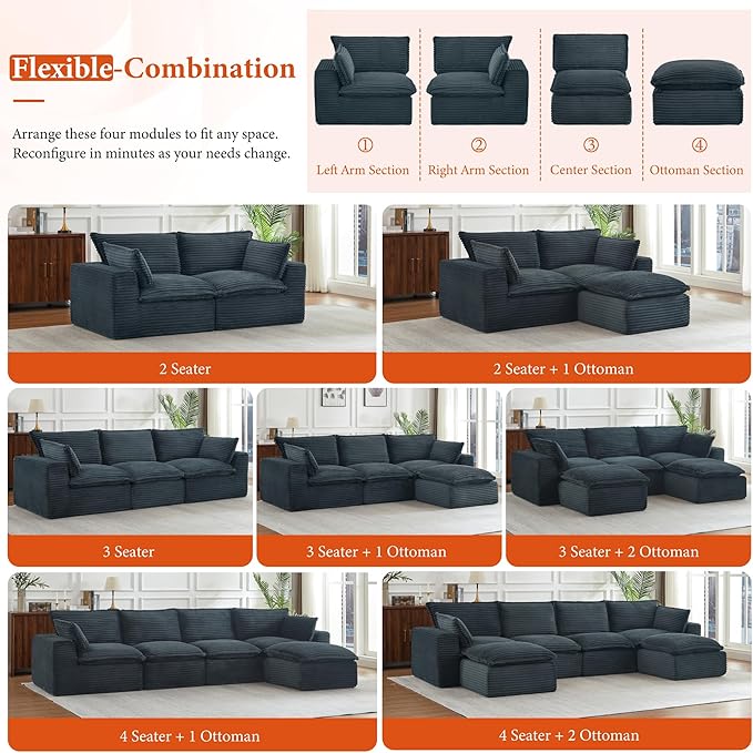 110 Sectional Couches for Living Room Boneless Couch Upholstered Cloud Couch Sectional Modular Sectional Sofa with L Shaped (Corduroy-Dark Grey 3 Seat+1 Ottoman)