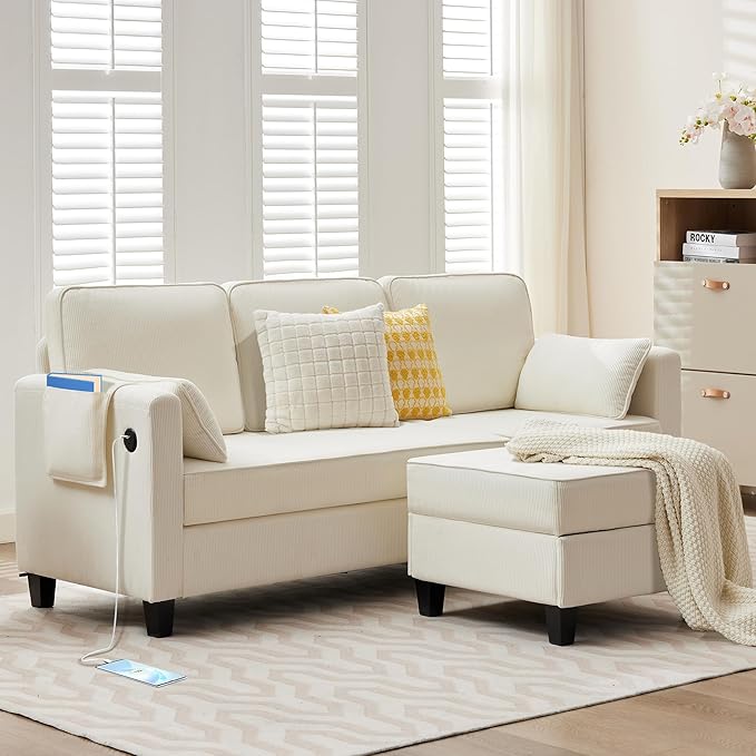 Convertible Sectional Sofa Couches for Living Room with Movable Ottoman 3 Seat 80 L Shaped Sofa with USB Ports&amp2 Pockets Corduroy Fabric Sofa Recliner for Apartment Small Place (White)