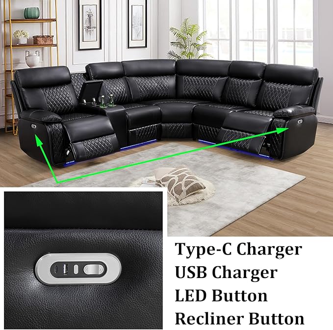 Power Recliner Sectional Couch for Living RoomLeather Reclining Sectional Sofa with LED Lights L Shpaed Corner Leather Couch with Storage Console&ampCup Holders&ampUSB ChargingBlack
