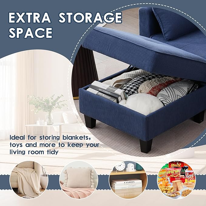 Convertible Sectional Sofa Couches for Living Room with Movable Ottoman 3 Seat 80 L Shaped Sofa with USB Ports&amp2 Pockets Corduroy Fabric Sofa Recliner for Apartment Small Place (Blue)