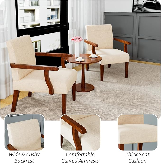 Accent Chairs Set of 2 with Side Table Modern Accent Armchair with Fabric Upholstered and Solid Wood Armrest Reading Leisure Arm Chair for Living Room Bedroom Waiting Room (Beige)