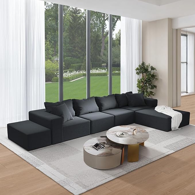 132 Modular Sectional Sofa Cloud Couch Sectional Modern Chenille Upholstered L-Shaped Sofa Set with 6 Pillows Deep Seat Comfy Couch for Living Room Free Combination No Assembly Required (Black)