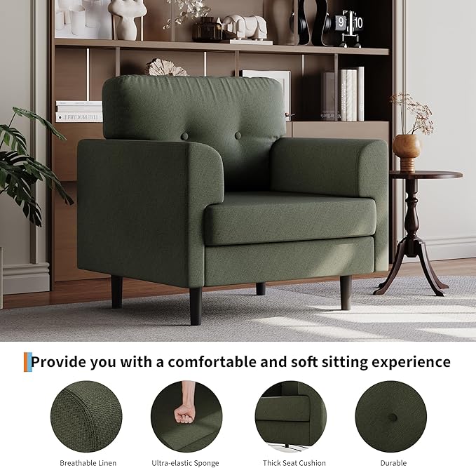 38 Wide Sage Green Accent Chair Modern Linen Upholstered Armchair with High-Density Foam Comfy Reading &amp Lounge Chair for Living Room Bedroom Home Office &amp Reading Nook (Earthy Green Tone