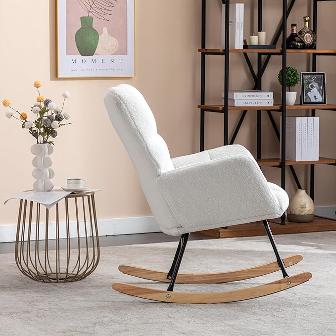 Setawix Teddy Fabric Rocking Accent ChairMid Century Modern Rocking Glider ArmchairLeisure Tufted Rocker Arm Chair for NurseryBedroomLiving Room (Teddy Ivory 27.6)