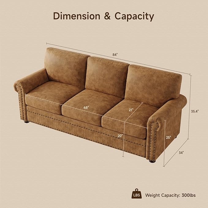 ONBRILL Faux Leather Sofa 84 Inches Nailhead Trim Couch for Living Room Mid-Century Modern Deep Seat Sofa with Rolled Arms Classic 3 Seater Couch for Apartment Office Caramel