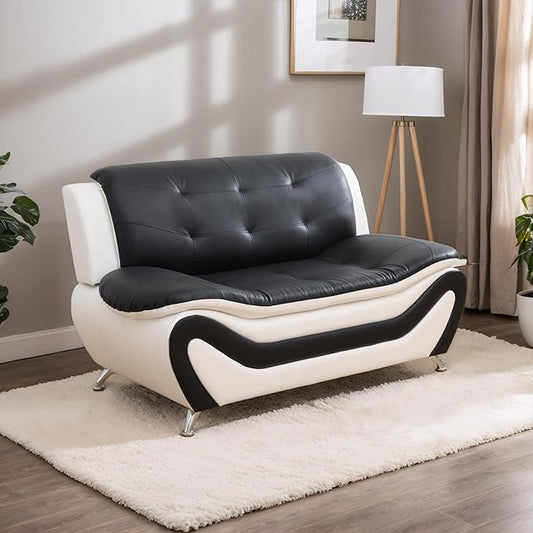 Living Room Furniture Sets 3 Piece Faux Leather Sofa Set White and Black Couch Set for Home Apartment Office(Loveseat)