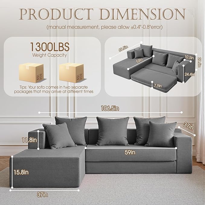 YINIX 106 Modular Sectional Sofa Modern Cloud Couch with L-Shape Chaise Upholstered Boneless Couches with Deep Seat Comfy Corduroy Sofa for Living Room Bedroom No Assembly (Grey)