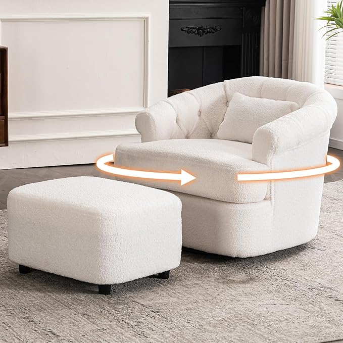 Swivel Accent Chair with Ottoman for Living Room Boucle Swivel Chairs &amp Upholstered Barrel Chair with Ottoman White Sherpa Chairs for Small Spaces with Curved Backet 360 Swivel and Pillow