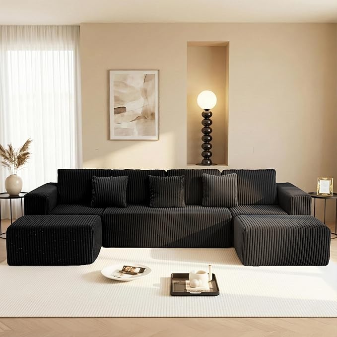 130 Modular Boneless Couch Convertible Sleeper Sofa Corduroy Sectional Sofa for Living Room Modern Cloud Couch with Deep Seat Chaise Comfy Oversize 4-6 Seat No Assembly (Black)