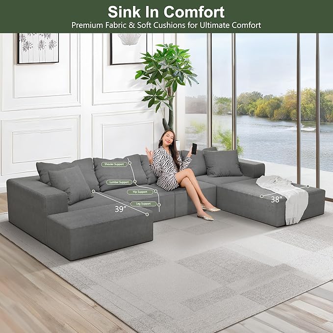 132 Modular Sectional Sofa Cloud Couch Sectional Modern Chenille Upholstered L-Shaped Sofa Set with 6 Pillows Deep Seat Comfy Couch for Living Room Free Combination No Assembly Required (Grey)