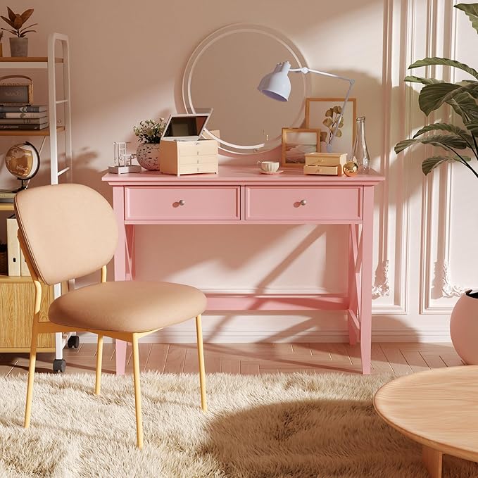 Writing Computer Desk with Drawers Cute Modern Table for Bedrooms Pink Vanity Table Office Desk with Drawers Home Computer Desk for Girls Living Room Entryway Pink