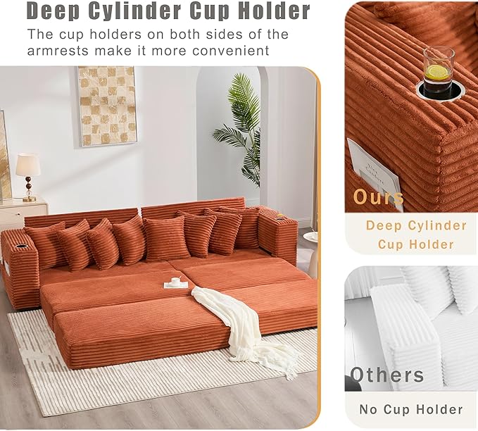 Oversized L-Shaped Modular Sectional Sofa Couch with 8 Pillows Convertible Corduroy Sleeper Sofa Bed with Cupholders &amp Storage Pockets Cloud Couch with Movable Ottoman for Living Room Orange